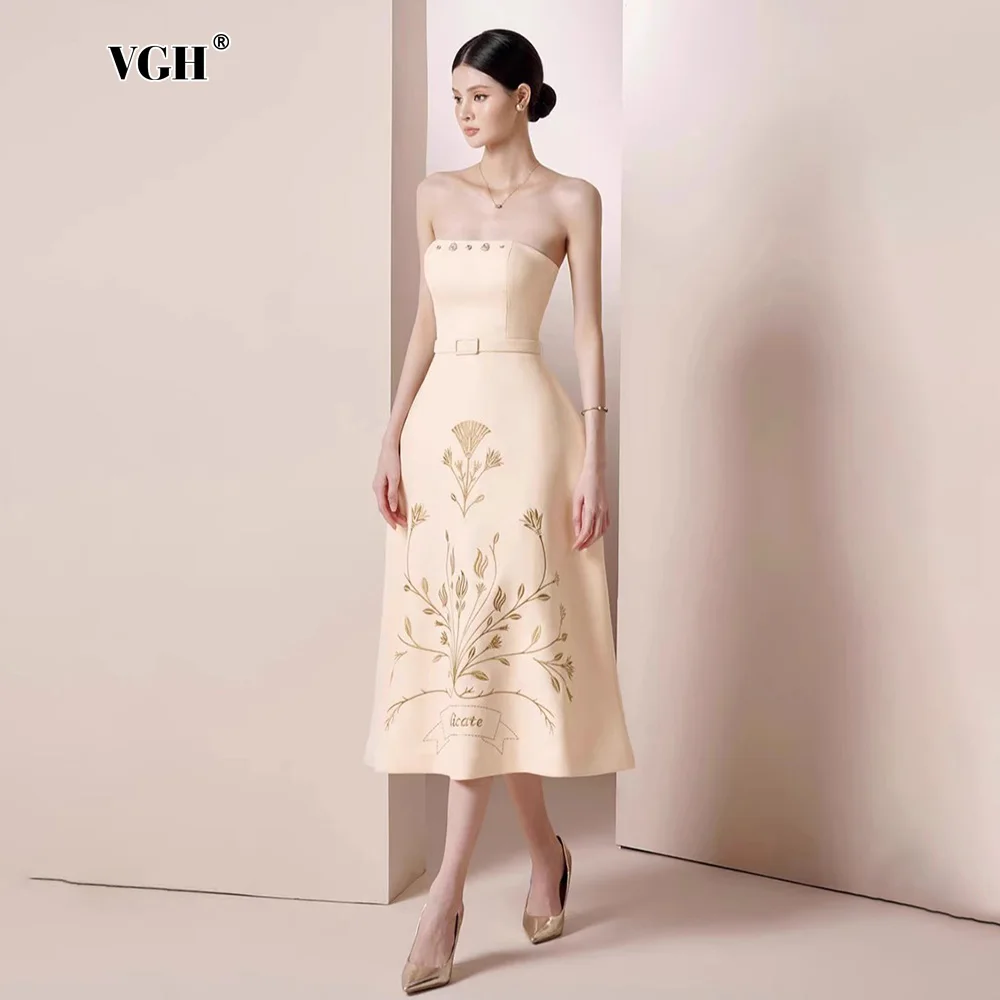 

VGH Elegant Solid Embroidery Camisole Dress For Women Strapless Sleeveless High Waist Patchwork Belt Temperament Dresses Female