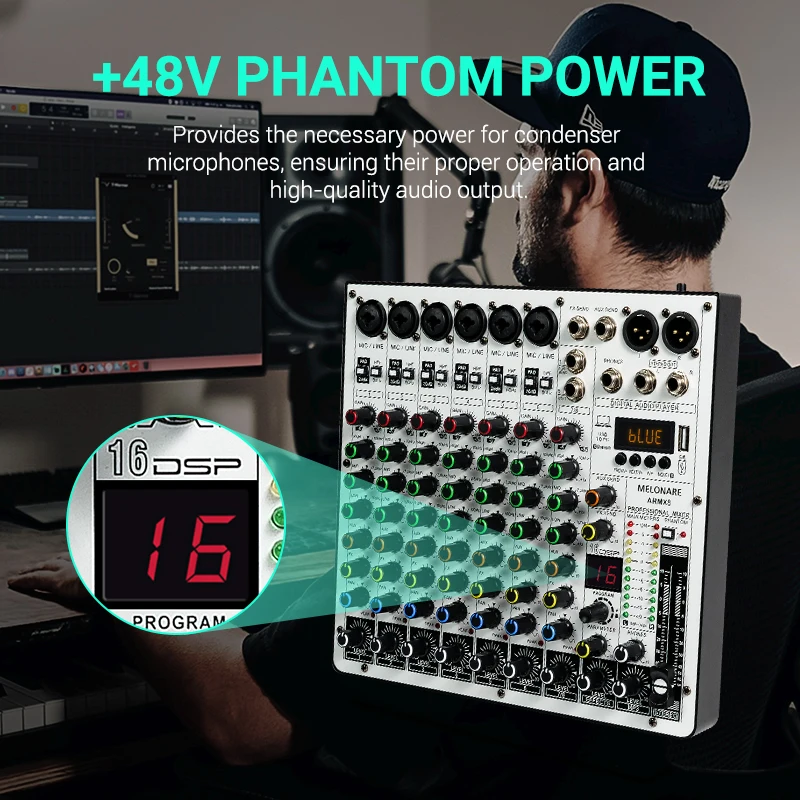 8-Channel Audio Mixer, MELONARE DJ Mixer w/ 16 DSP Effects, USB/Bluetooth Function, 3-Band EQ and +48v Phantom Power (ARMX8)