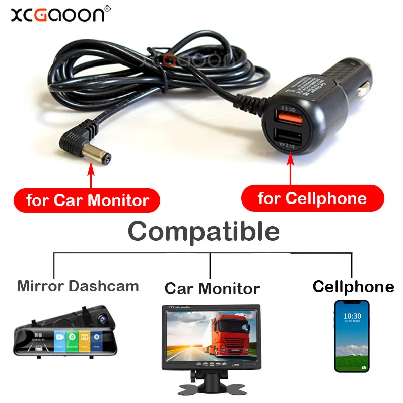 DC 12V 2.0A (Max) Diameter Φ5.5mm Charging Port With QC3.0 USB Quick Fast Car Charger Adapter for Car Monitor & Cellphone