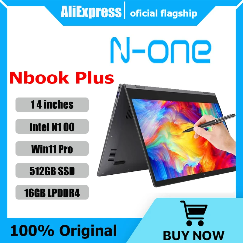 N-ONE Nbook Plus 14.1inch Laptop Intel N100 16GB DDR4/512GB M.2 SSD Windows 11 Pro 1920*1080p Touch Screen 360° Folding Computer