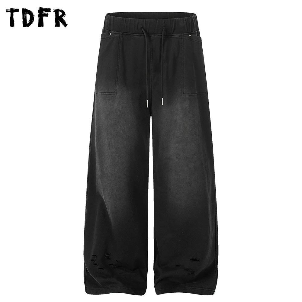 Ripped Sweatpants Mens Spliced Pocket Retro Casual Washed Distressed Elastic Waist Baggy Wide Leg Sports Trousers Man