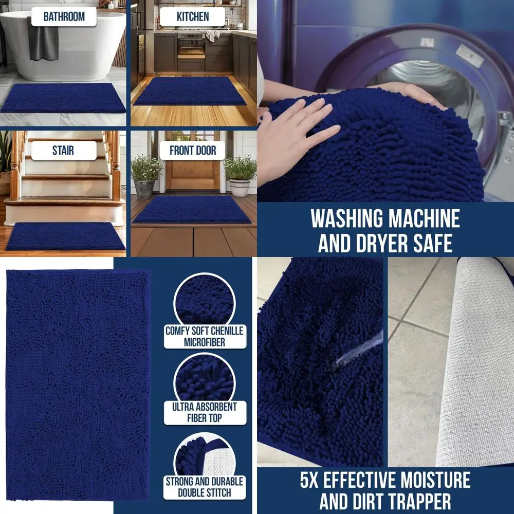 

Navy Blue Chenille Microfiber Bath Mat - Quick Dry, Non-Slip, Thick & Absorbent for Bathroom, Kitchen, Shower