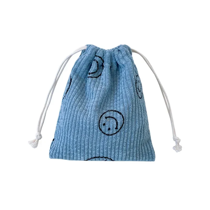 Smiling Face Corduroy Drawstring Bag กระเป๋าแต่งหน้าผู้หญิงกระเป๋าเครื่องสําอางแบบพกพาเหรียญ Draw String กระเป๋ากระเป๋าสําหรับสตรี