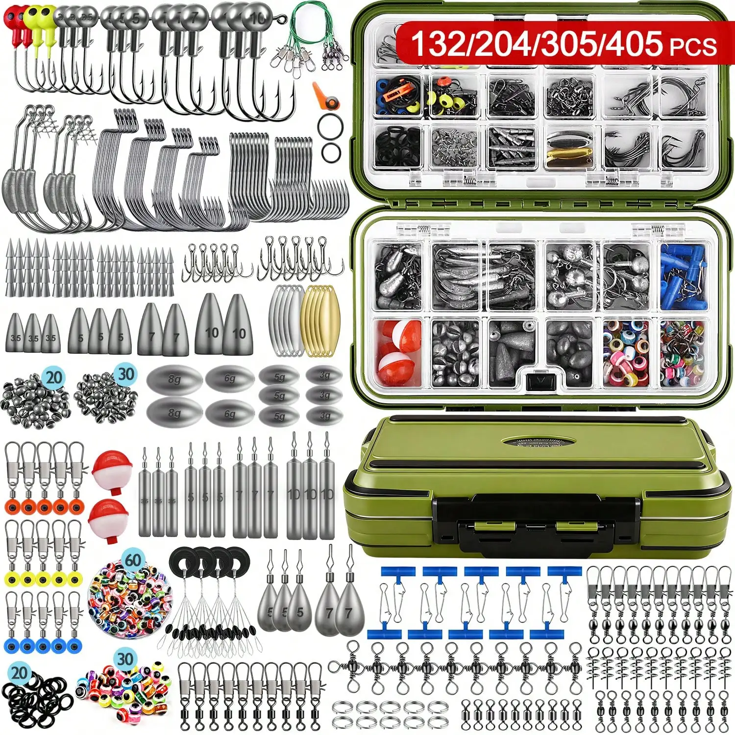 

OPQ 132/204/305/405pcs Fishing Accessories Kit Fishing Tackle Box Included, Fishing Hooks, Fishing Weights Sinkers, Fishing Gear And Equipment, Fishing Gift For Men