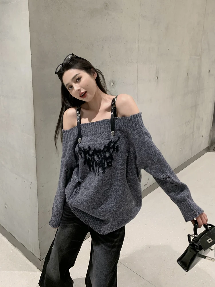 SONNEESD Winter Vintage Slash Neck Belt Design Pullovers Harajuku Style Full Sleeve Loose Hole Pendulous Knitting Sweater