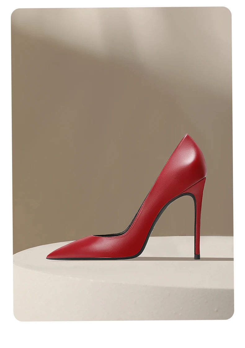 Temperament Pointed Wine Red High Heels Women's Soft Leather Single Shoes Shallow Mouth New Fashionable High Heels Single Shoes