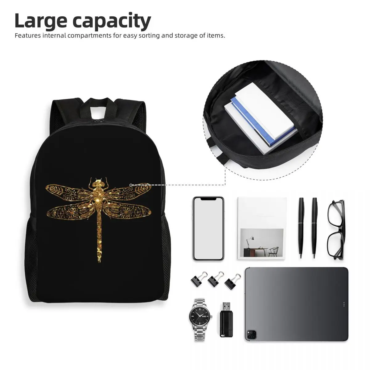 Fancy Gold Glitter Dragonfly Backpack Student Boys Girls BookBag School Bag Computer Shoulder Bags