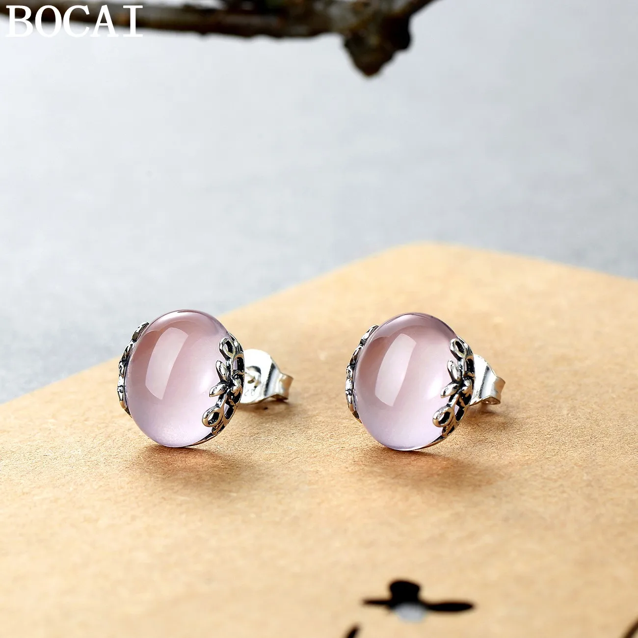 BOCAI New S925 Sterling Silver Jewelry Retro Style Inlaid With Round Crystal Earrings Women's Selected Gift