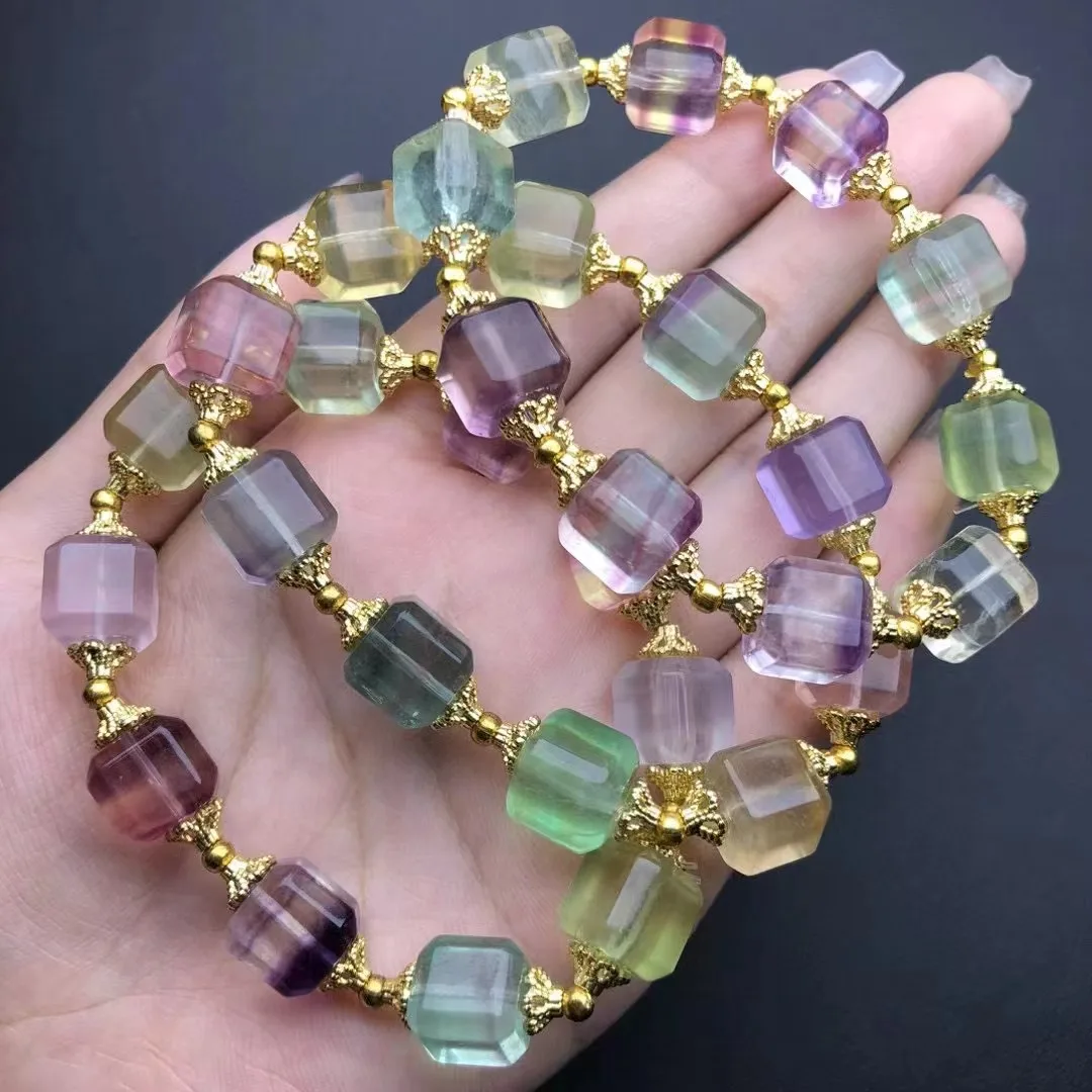 Unit One Bracelet 10mm Good Sale Natural Rainbow Fluorite Crystal Healing Square Candy Bead Bracelet