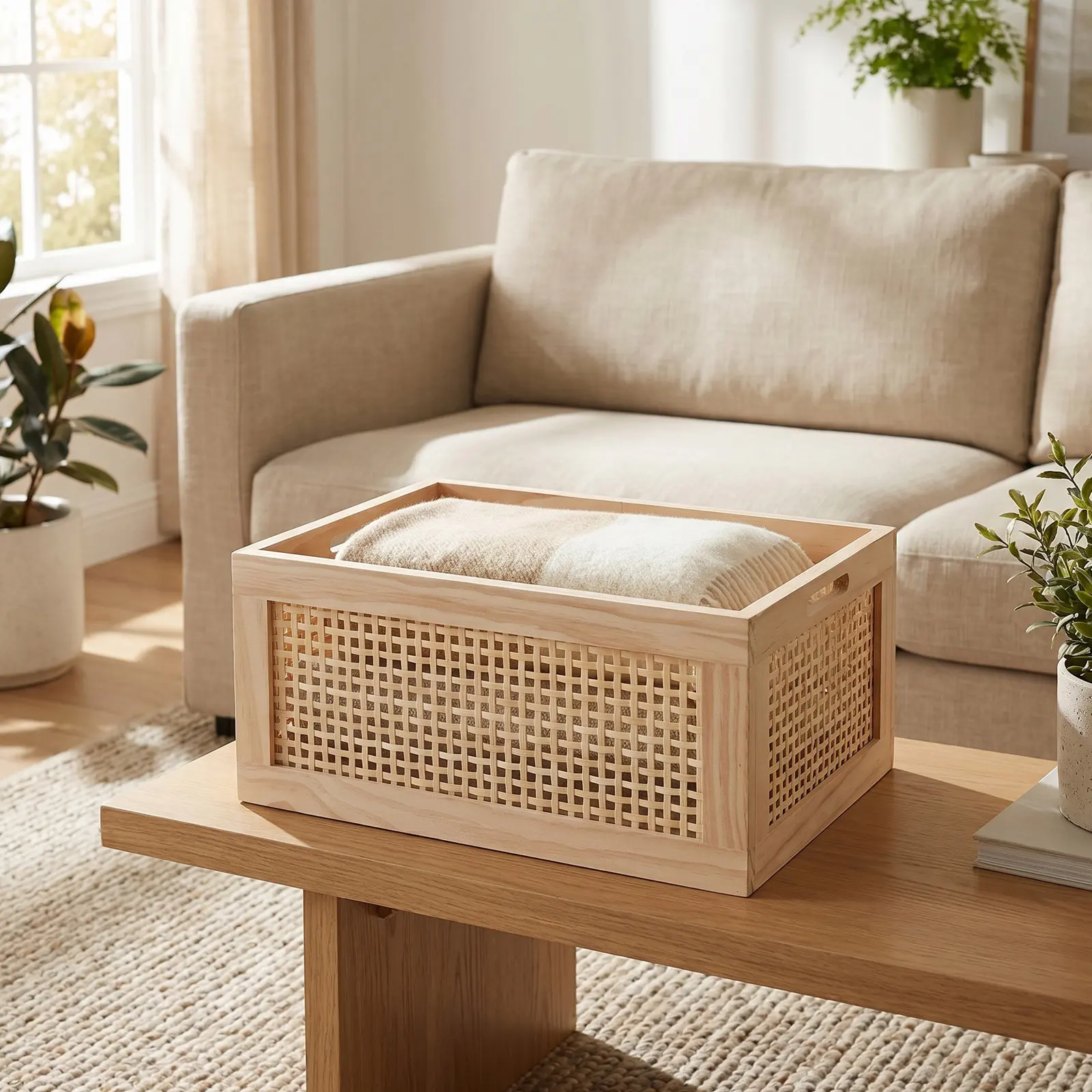 Rustic Wooden Woven Storage Basket Small 13.8x9.8x6.3in Magazine Holder Book Box Desktop Organizer Living Room Office