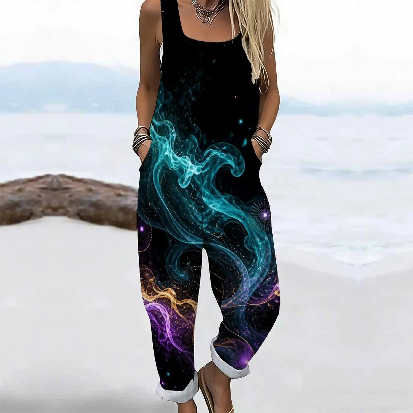 Women Square Neck Sleeveless Wide Straps Loose Fit Pockets Cuffed Ankle Printed Jumpsuit