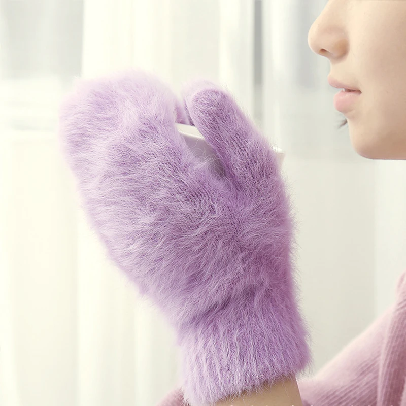 Soft Rabbit Fur Gloves Winter Warm Thicken Wool Fingerless Gloves Solid Color All Fingers Mittens Knitted Plush Gloves For Women