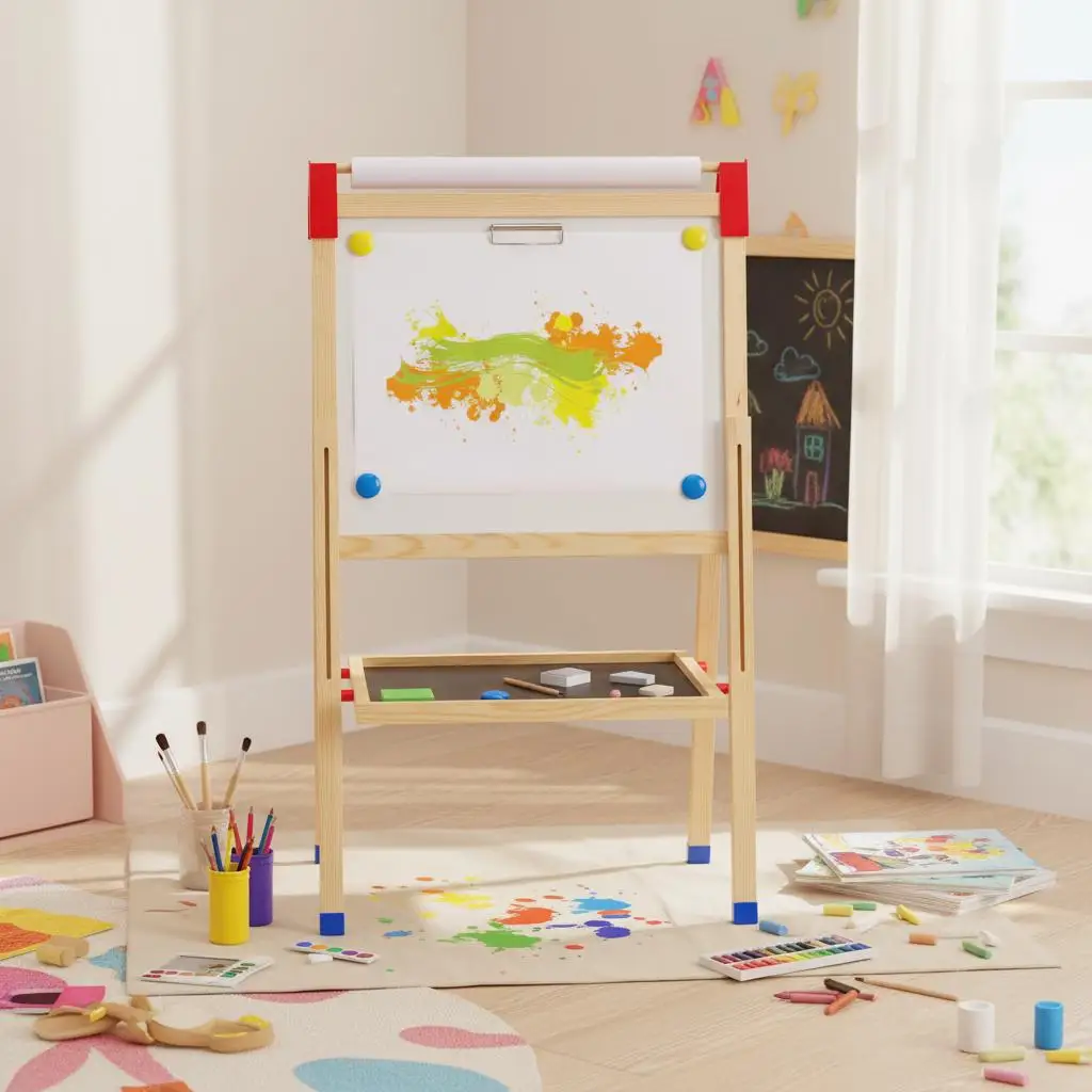 Chi ldren Drawing Station 39-45" For Playroom Classroom Art Studio, Height Adjustable Wooden Frame Double-Sided Magnetic White