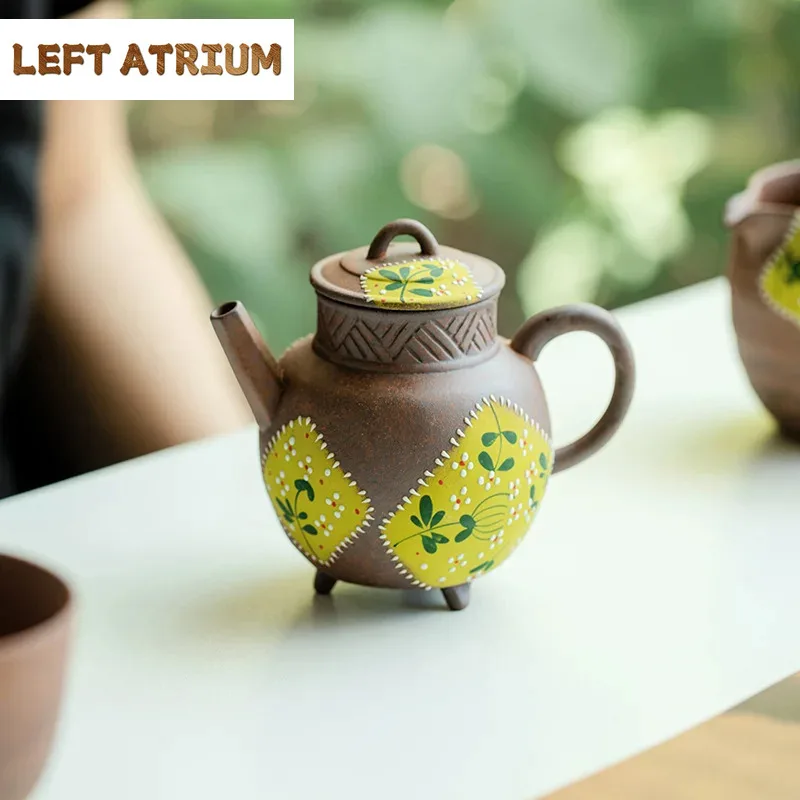 

130ml Pure Hand-painted Yellow Chrysanthemum Teapot Aesthetic Old Rock Mud Tripodia General Pot Tea Maker Kettle Tea Ceremony
