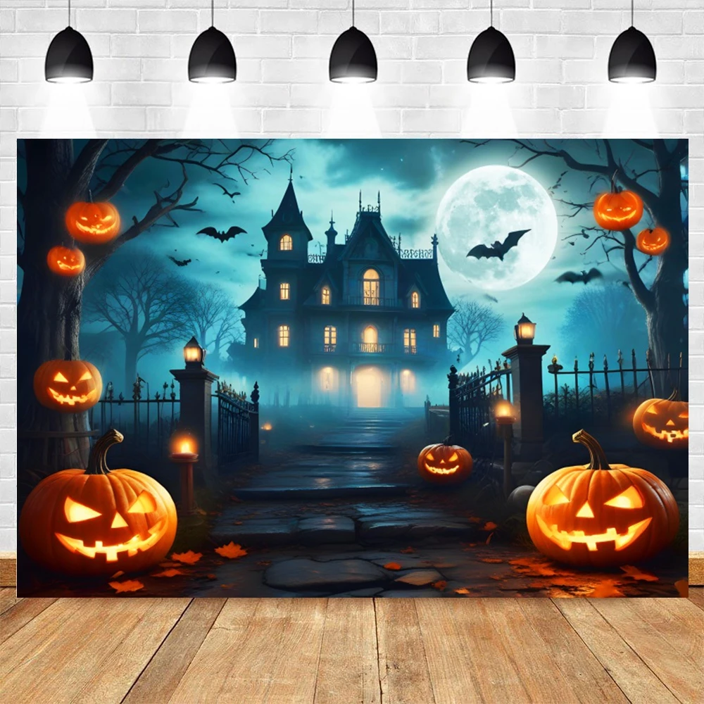 Horror Castle Halloween Photography Backdrop Horror Forest Full Moon Night Pumpkin Lantern Tombstone Halloween Photo Background