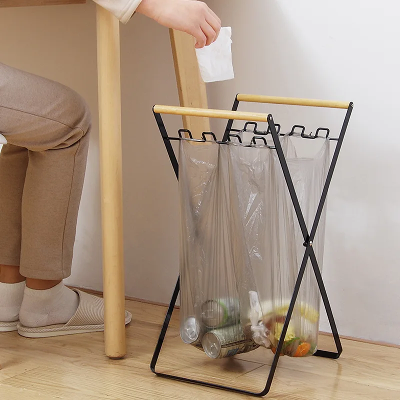 Metal Trash Bag Holder With Wood Handle Portable Kitchen Garbage Sorting Rack Separate Recycling Waste Bin For Camping