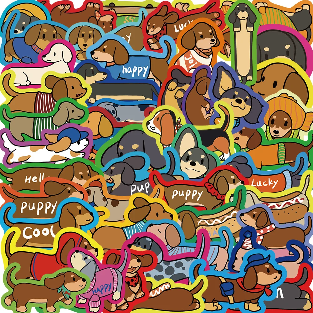 Calcomanías de dibujos animados de animales para niños, calcomanías de dibujos animados de Dachshund para teléfono, portátil, equipaje, monopatín, 10/30/50 piezas