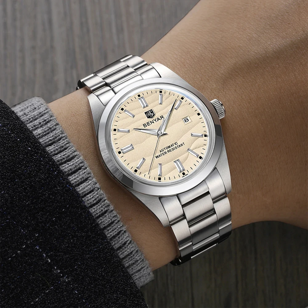 BENYAR luxury brand 40MM sand grain dial men's watch, stainless steel 50 meter waterproof automatic mechanical watch view 3