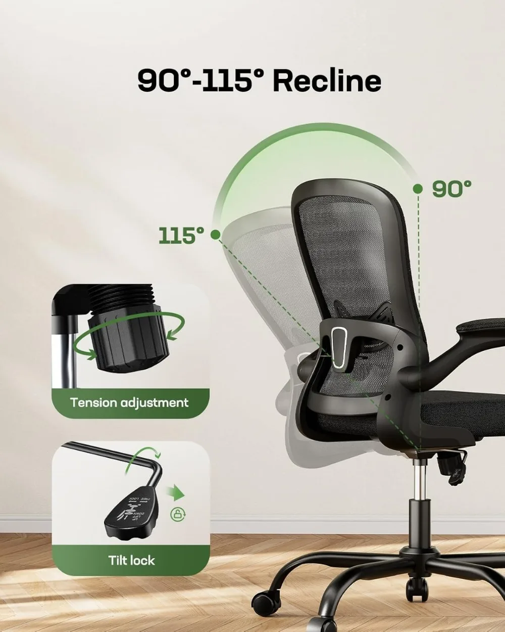 Office Chair Ergonomic-Desk Chair: Mesh Back Home Office Chair with Adjustable Lumbar Support, Computer Desk Chair with Flip-up