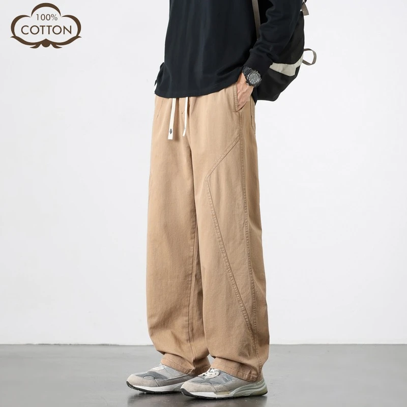 

100% Pure Cotton Loose Casual Pants Straight Wide-leg Trousers Men’s American Fashion Brand Versatile Elastic Waist Male Pants