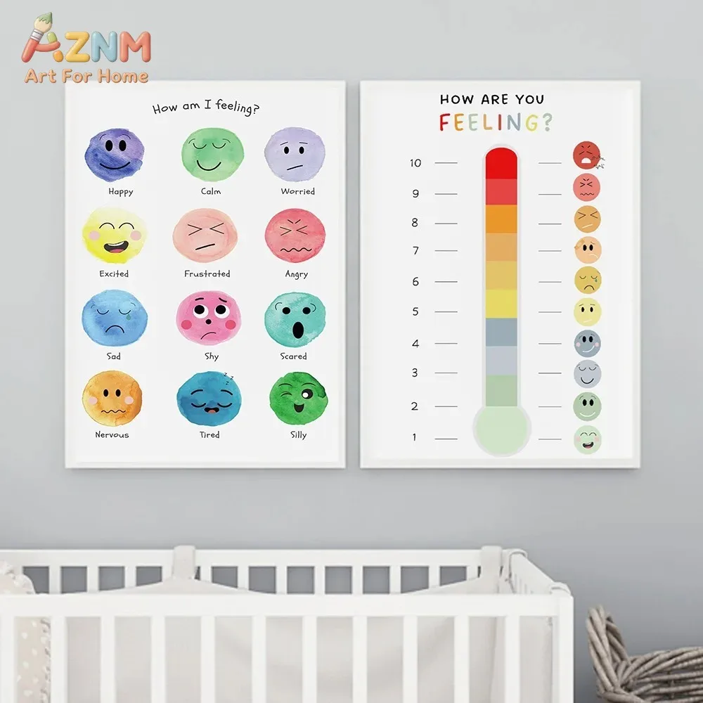 AZNM Kids Emotion Chart Canvas Wall Art Feelings Thermometer Mood Faces Educational Watercolor Print Frameless Canvas Painting N