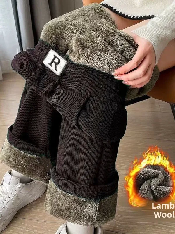 

Winter High Waist Thickened Fleece Corduroy Wide Leg Pants Korean Style Casual Straight Cut Women's Trousers Warm Commute Wind