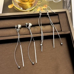 Korean Fashion Spiral S-shaped Clip on Earrings Creative Personality for Women Minimalist Line Silver Long Tassel Party Jewelry