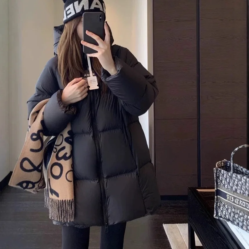 Nueva chaqueta acolchada larga con capucha y cuello de goma prensado para mujer, abrigo ligero de plumón de pato blanco cálido con cuello alto para invierno