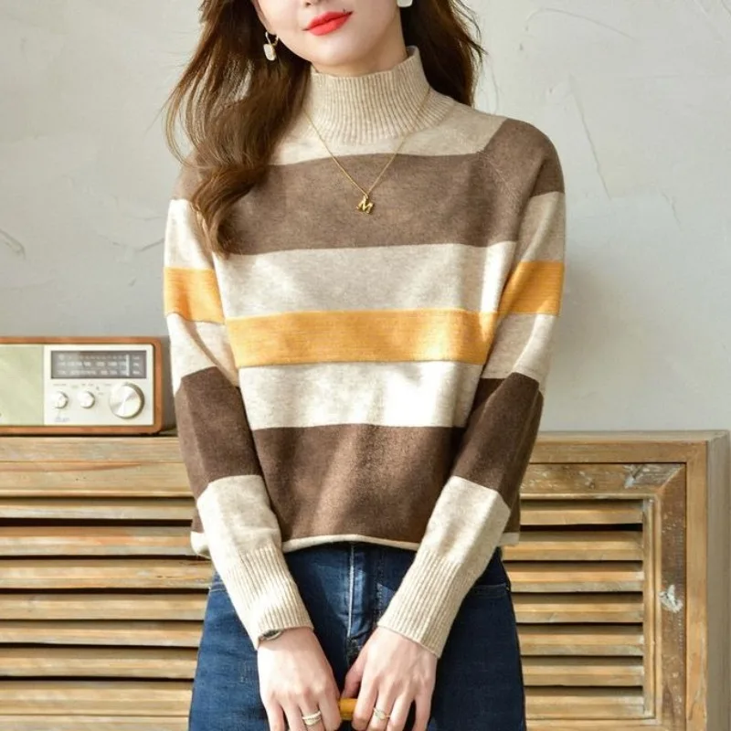 Women\'s Half High Collar Patchwork Sweater Loose All Match 2023 Autumn and Winter New Long Sleeve Stripe Pullover Bottom Tops