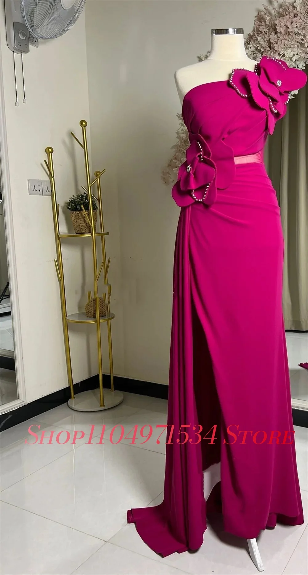 Customized High Quality Jersey A-Line Crystal 3D Flowers Evening Dress Temperament One Shoulder Strapless Occasion Gowns