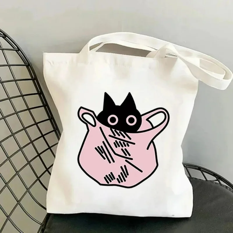 Funny Cartoon Cat Women Shoulder Bags Canvas Tote Bag Large Capacity No Zipper Shopping Shopper Handbag Lightweigh Girl Handbags