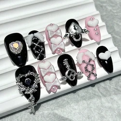 10 Pieces Y2k Spice Girl Handmade Press On Nails Black Pink Sweet Cool Nail Art Bow Love Diamond Almond False Nails