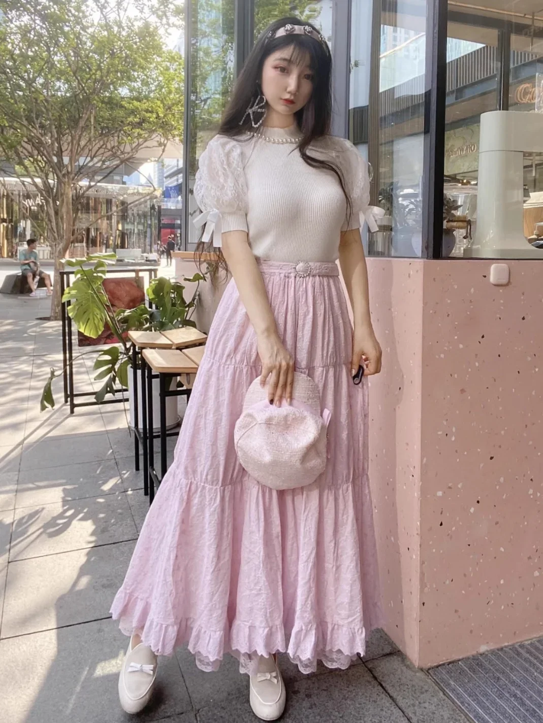 Solid Color Sweet Girl Exquisite Simple Lace Edge Casual Skirts for Women Rhinestone Belt Cotton Long Skirt Autumn Fashion