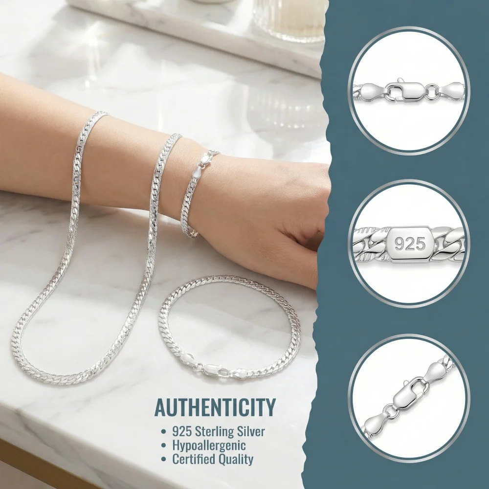 925 Sterling Silver 2 Piece Full Side Chain Necklace Bracelet Women Men Fashion Jewelry Set Wedding Gift