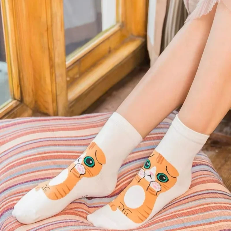 Calcetines de algodón con estampado de gato para mujer, medias de tubo medio, transpirables, desodorantes, dibujos animados, Anime divertido, alta