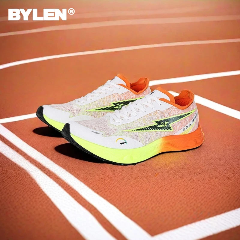 BYLEN Breathable Track Field Speed Running Shoes for Men Full Palm Carbon Plate Short Running Jumpping Fitness Test Sneakers