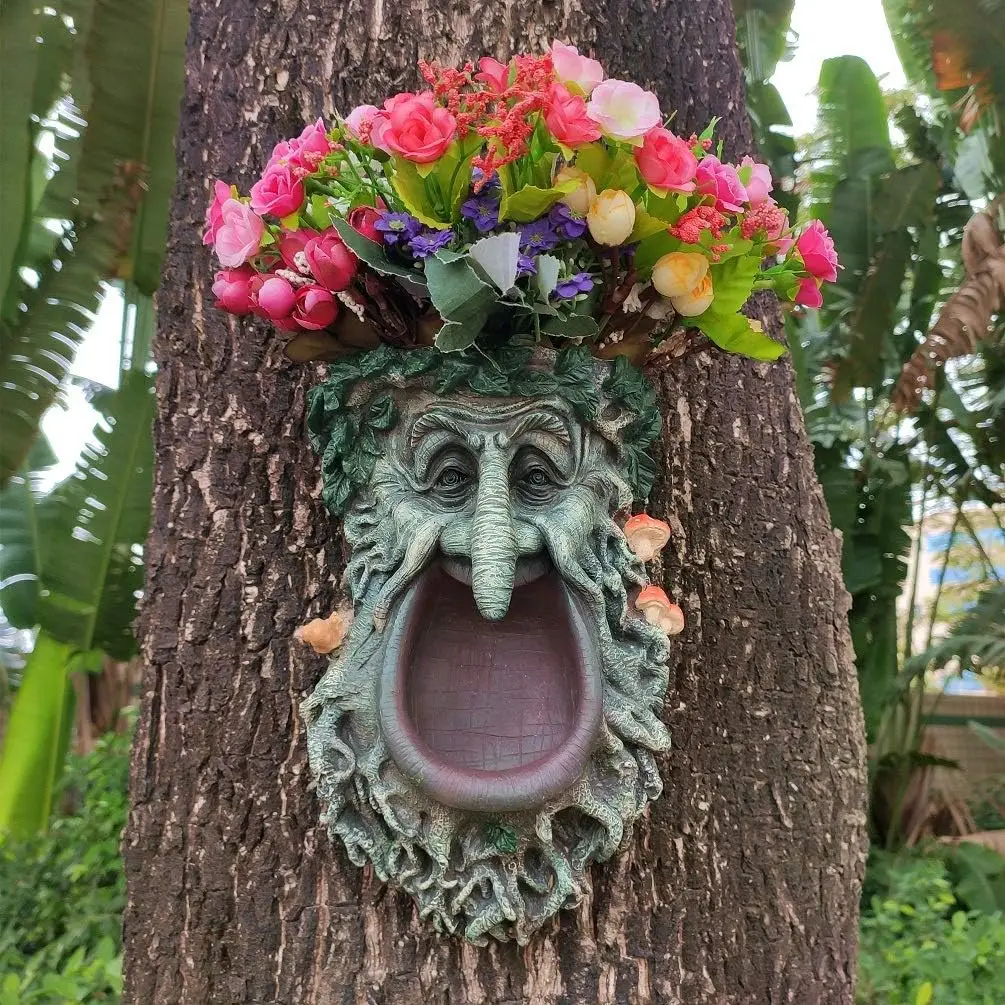 

Big Mouth Old Man Tree Face Sculpture, Flower Planter Pot Hand-Painted Greenman Tree Peeker Bird Feeder Garden Decor