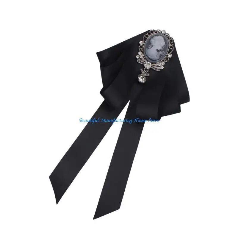 E56A Adjustable Fabric Rhinestones Bows Tie Retros British Rhinestones Portable Tie Brooch for Elegant Dresses