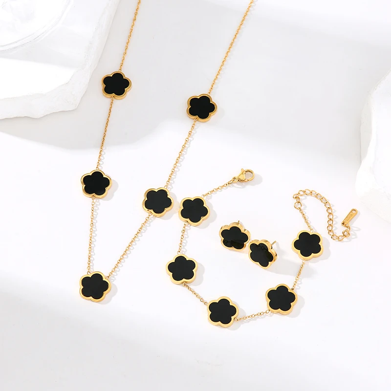 316L Stainless Steel Black Flower Five Clover Necklace Bracelet Earrings 18K Gold Plated Jewelry Set For Women Girl Gift