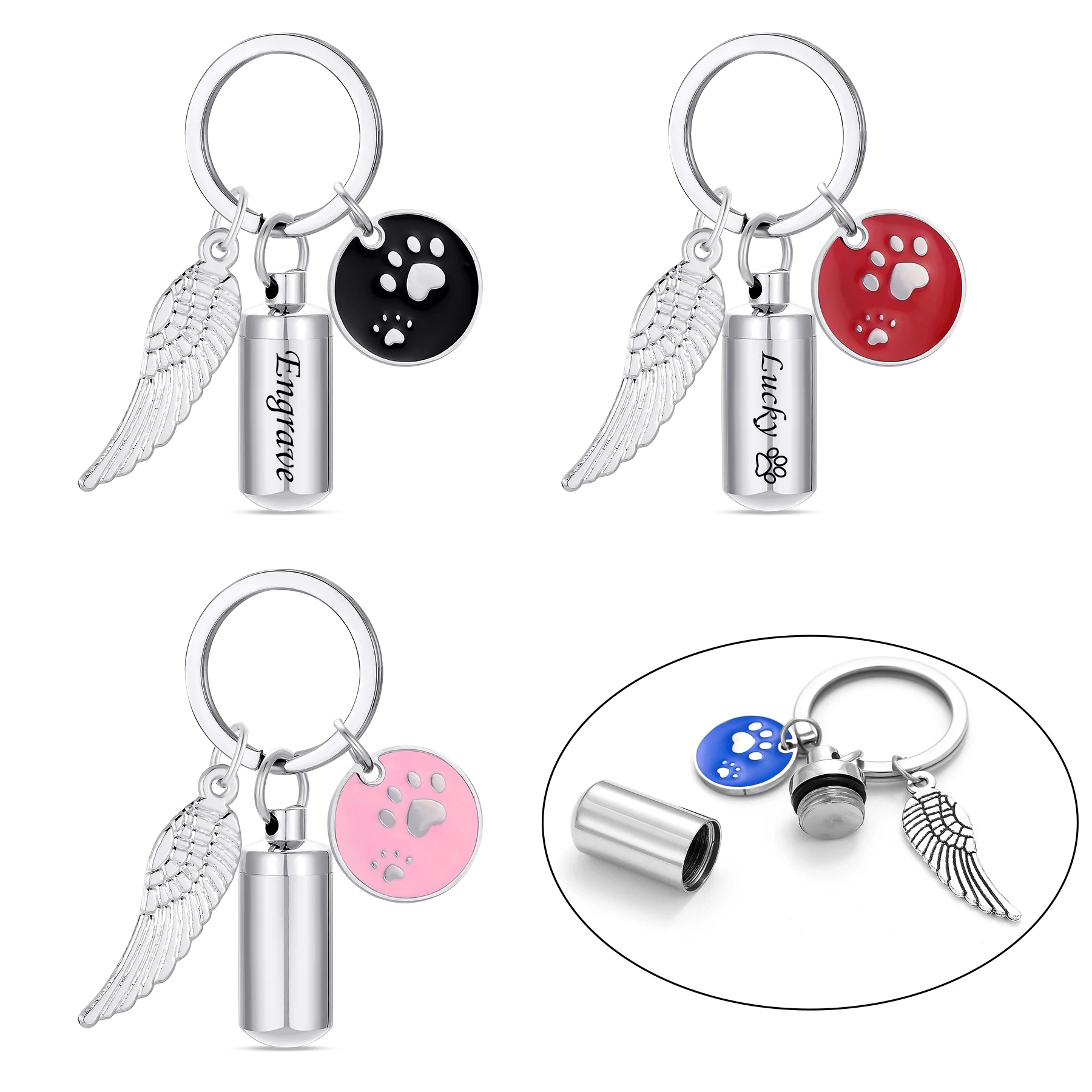 Cylinder Urn Key Chain Stainless Steel Paw Print Charms Keepsake Cremation Memorial Jewelry for Pet Cat Dog Ashes