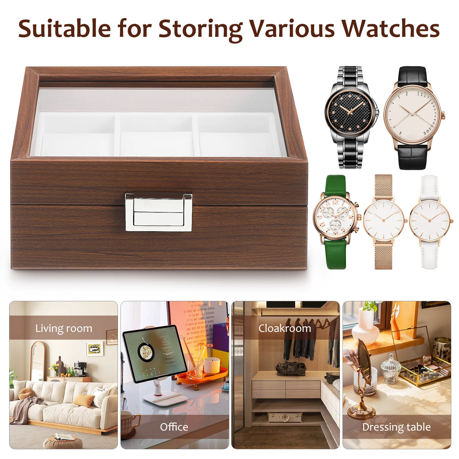 

3 Slot Watch Organizer Holder Wooden Display Case with Clear Lid Lockable Storage Box for Men Scratch Proof Interior Desktop