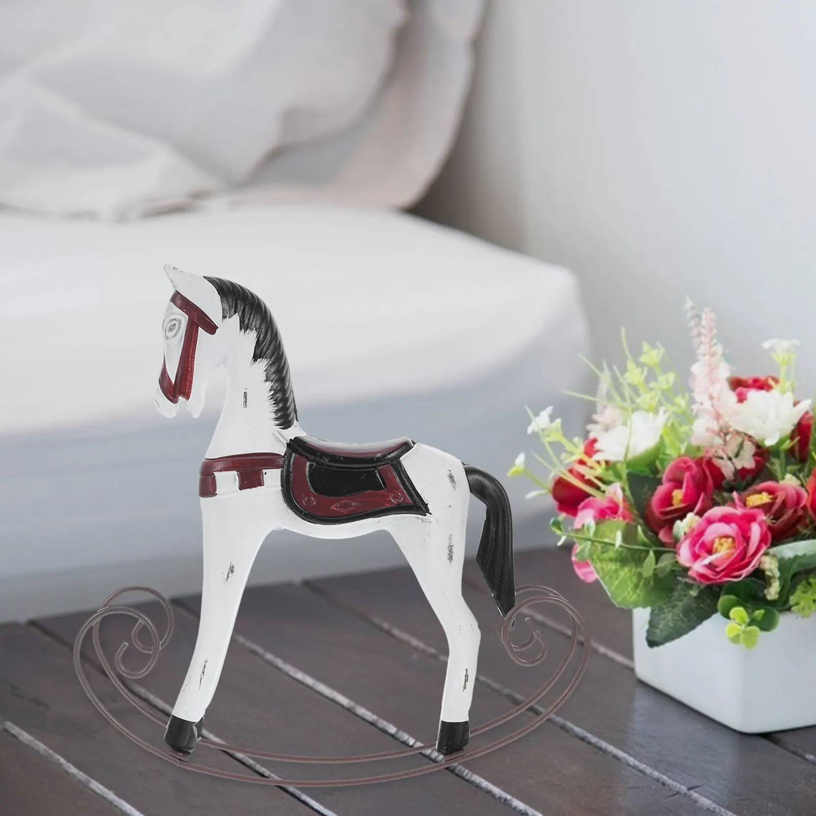 Rustic Vintage Wooden Rocking Horse Red White Finish Desktop Shelf Decoration Farmhouse Home Office Table Centerpiece Statue