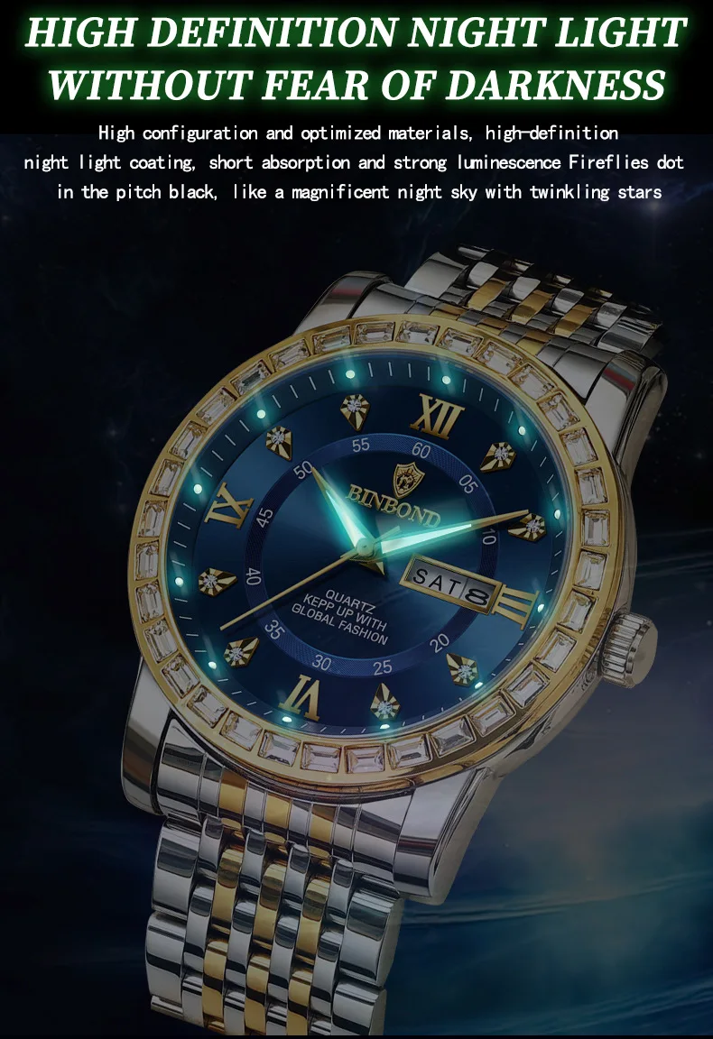 本物のメンズ腕時計トレンディなビジネスダイヤモンド象嵌中国語英語デュアルカレンダー防水発光男性ファッションクォーツ時計