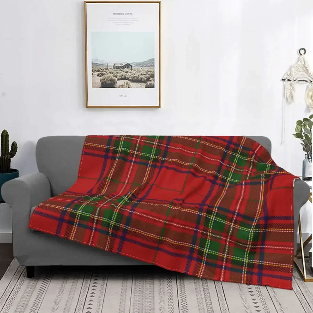 Red Tartan Stewart Clan Throw Blanket, Plaid Ultra-Soft Flannel Blanket Lightweight Home Decor Fleece Blanket for Men Women Kids