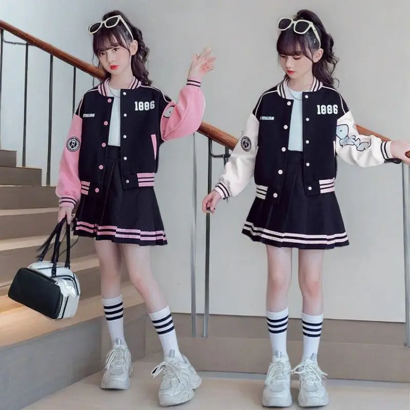2026 Student Autumn Teens Tracksuit Girls Set Cloth Baseball Jacket + Striped Pleated Skirt Kid JK 4 6 8 10 12 14 Year American