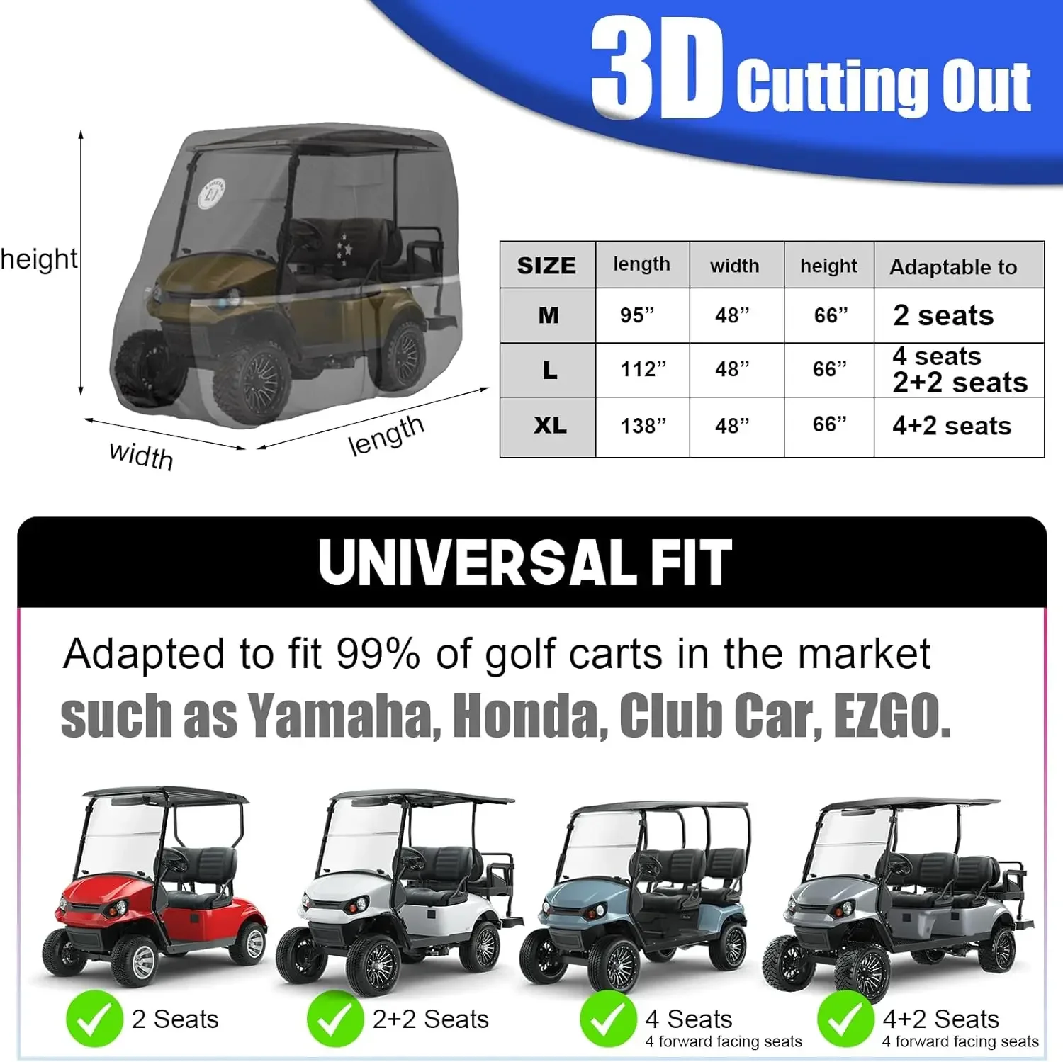 Waterproof Golf Cart Cover, Heavy Duty Marine Grade Fabric, Universal Fits for Most Brand 2/2+2/4+2 Passengers Yamaha, Honda, Cl