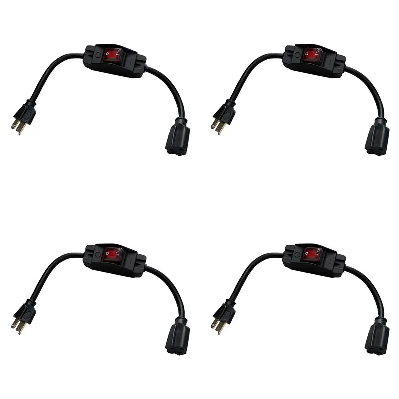 ABFU-3 Prong Extension Cord With Waterproof Switch, 1875W Heavy Duty Extension Cord With Switch, 14AWG 1.5FT, 4 Pack US Plug