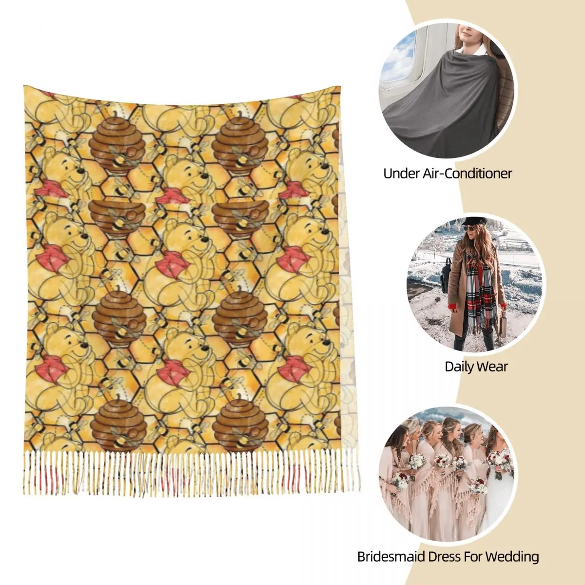 Damski szal z frędzlami, rysowany miś w drzewie miodu, duży zimowy ciepły szal i chusta, prezenty z Kubusiem Puchatkiem, szale pashmina.