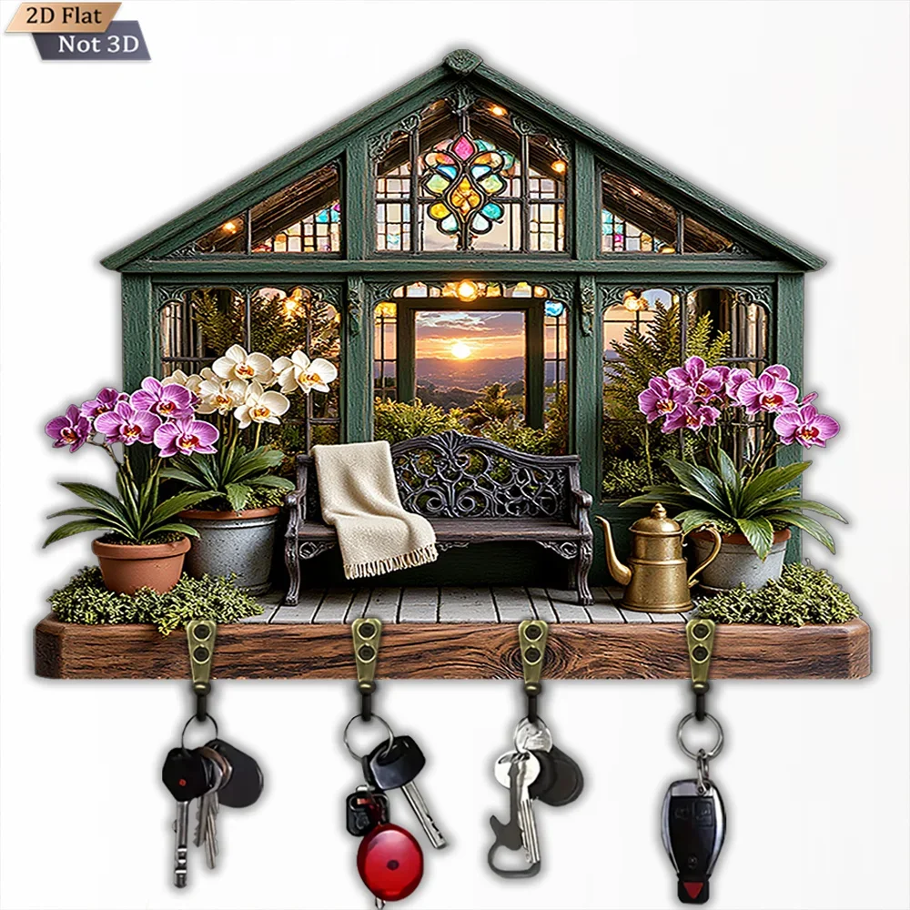 2D Flat Retro Floral Key Hook, 1pc, Wooden Multifunctional Home Key Hook, with Four Metal Hooks, Wall Decoration, Porch