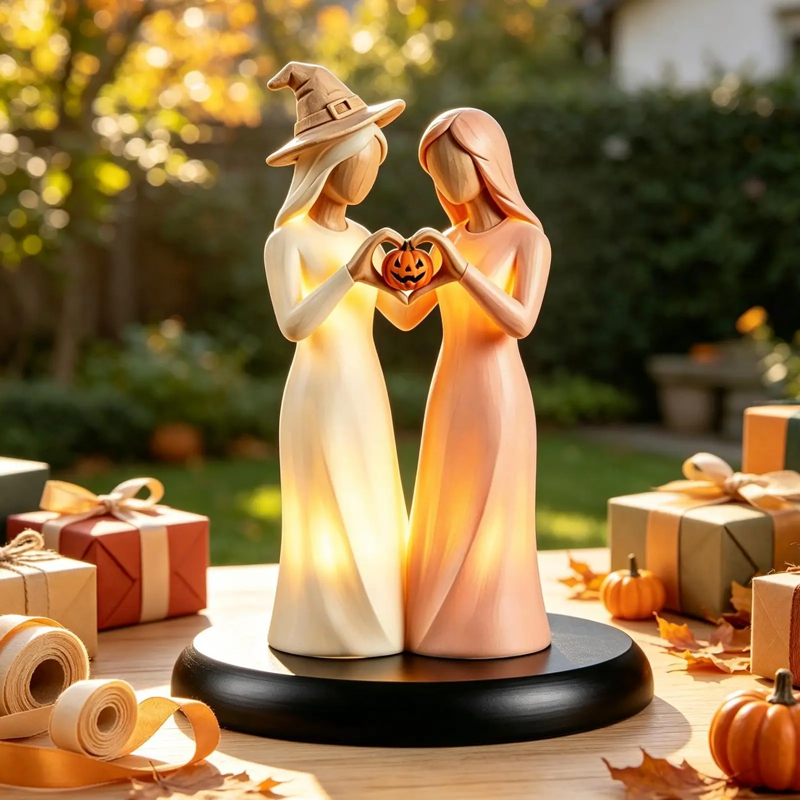 Sister Figurines Halloween Theme Desktop Keepsake with LED Light Friendships Sisters Sculpture for Halloween Home Fall Birthday